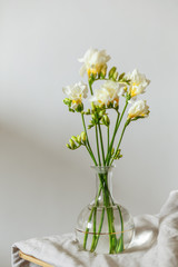 White flowers with a green stem in a transparent vase with water  on a gray background