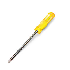 Fototapeta premium Yellow professional realistic screwdriver with a plastic handle. isometric 3d construction tool isolated on white background. Vector illustration. Cruciform for repair and construction.