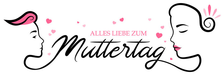 Happy mother's day (German) hand drawn lettering isolated with mother and child
