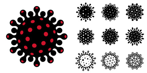 Vector set of a viral spiked balls. COVID 19 coronavirus. Different icons with a black and red details. Simple pictograms of modern disease. Elements for stickers and banners about the new epidemic.