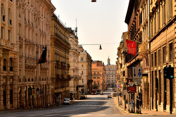 View of the Tritone street without tourists and traffic due to the lockdown