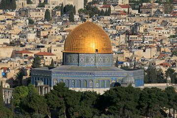 Dome of the Rock, Islamic shrine located on the Temple Mount in the Old City of Jerusalem, Israel; view from the Mount of Olives