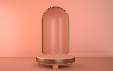 Arc with a podium in pink colors, round platform with gold detail, minimal portal, 3d rendering, scene with geometrical forms, minimal abstract background