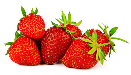 Strawberries with leaves isolated on a white background.