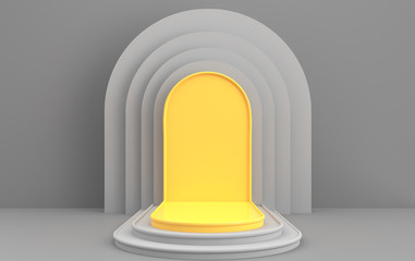 Arc with a podium in grey colors, minimalistic yellow portal , 3d rendering, scene with geometrical forms, minimal abstract background