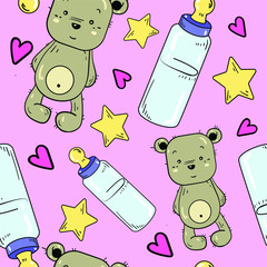 Seamless vector pattern with nursery, child bottle, teddy bear and toys on pink background. Wallpaper, fabric and textile design. Cute wrapping paper pattern with toys. Good for printing.
