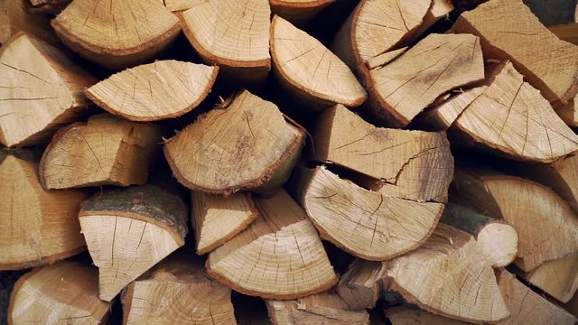 chipped firewood texture background. Pile of wood logs. Forest logging site. felled tree trunks. wood for barbecue. fireplace or boiler. 