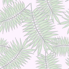 Seamless vector pattern with tropical palm leaf on light pink background. Wallpaper, fabric and textile design. Good for printing. Cute wrapping paper pattern. Botanical floral pattern.