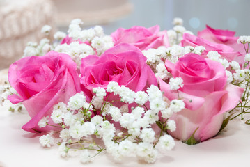 Close up of Pink roses on top of a cake