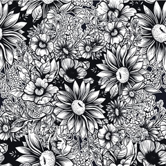 Vector Black and White Summer Flower Seamless Pattern