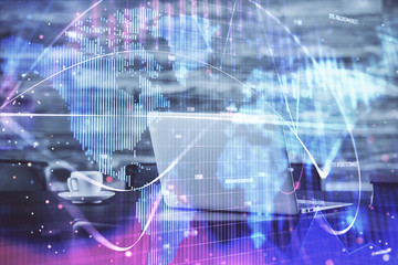 Obraz premium Double exposure of business theme icons and work space with computer background. Concept of success.