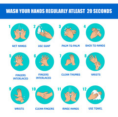 Wash your hands regularly at least 20 seconds, hand washing steps vector illustrations