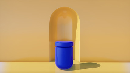 Arc with a platform in yellow colors, cylindrical blue platform, minimal portal, 3d rendering, scene with geometrical forms, minimal abstract background