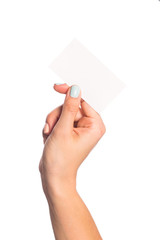 female hand isolated on white background holding card  with text place  - Image