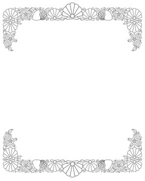 Marine vertical frame for coloring antistress - vector linear picture with copy space. Vertical frame made of shells, starfish, pearls - a marine theme for a coloring book. Outline. Hand drawing.