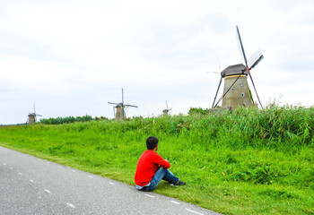 Windmills in springtime in The Netherlands