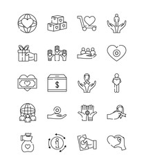 hands and charity and donation icon set, line style