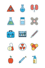 nuclear symbol and science and investigation icon set, line and fill style