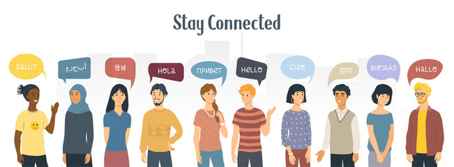 Stay connected. Social Network concept. Multiethnic people saying hello in different languages. Vector illustration