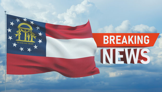 Breaking news. World news with background waving flag of the states of USA. State of Georgia flag. Pandemic 3D illustration.