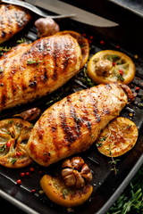 Grilled chicken breasts with thyme, garlic and lemon slices on a grill pan close up, top view