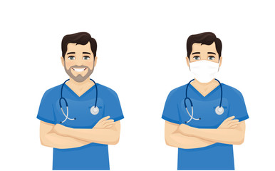 Male nurse character standing with arms crossed wearing protective medical mask isolated vector illustartion