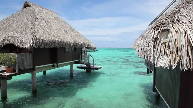 Close up of peaceful thatched-roof over-water bungalows in Bora Bora with steps to the turquoise-clear ocean water all around and blue sky and white clouds in the background on a sunny Tahiti day.
