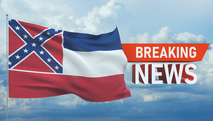 Breaking news. World news with background waving flag of the states of USA. State of Mississippi flag. Pandemic 3D illustration.