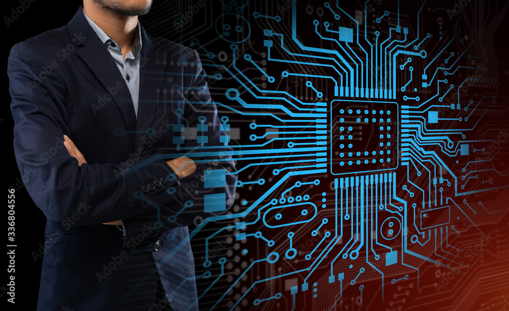 Aufkleber computing technologies. collage with businessman and glowing electronic circuit board on virtual scr