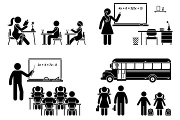 Stick figure school boy, girl sitting in class, lesson, writing, reading, learning vector icon pictogram. Female, male teacher teaching, standing at blackboard set on white
