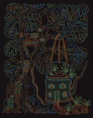 Fantasy Tree house and Futuristic house in tea pot in psychedelic colors with fly agaric mushrooms and cannabis hemp leaves on a black background. Hippie party invitation, batik print, humor wallpaper