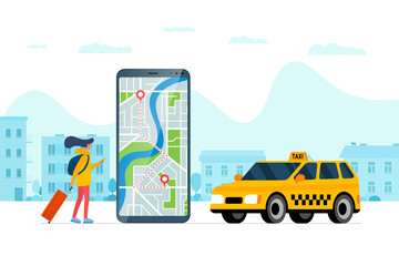 Taxi ordering service app concept. Female holding smartphone with route geotag gps location pin arrival address on city map and yellow cab. Online get taxicab application flat vector illustration