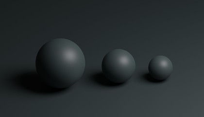 Abstract 3d rendering of Computer generated minimalist black spheres of various sizes over background. Modern design for poster, cover, branding, banner.