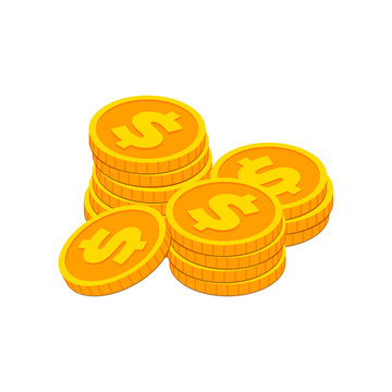 Isometric gold coins with dollar sign stack. 3d pile of gold money cash symbol isolated on white background. Banking, business, financial concept for web, apps, infographics. Vector illustration