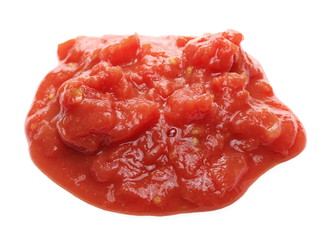 Tomato cubes, pieces organic pure texture, isolated on white background