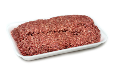minced red meat in white foam plate