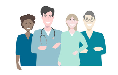 Vector illustration team of doctors and nurses.  thanks for the work of medical workers.  doctors of different nationalities.