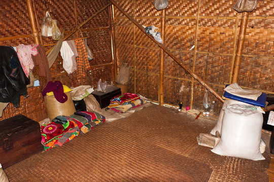 The interior of a typical Burmese bamboo shack in a poor village, Myanmar