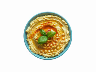 Isolated traditional hummus on a plste. Top view
