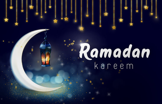 Ramadan Kareem background banner. Islamic Greeting Cards for Muslim Holidays and Ramadan. Dark Blue banner with moon and lantern.