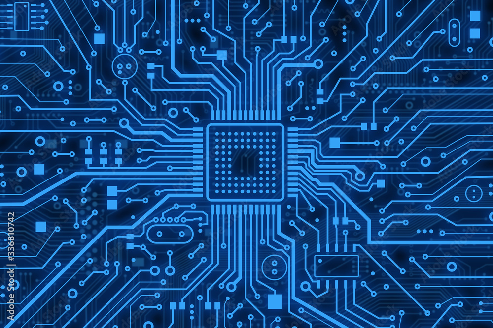 Poster Modern technology. Blue computer microcircuit as background, top view. Illustration