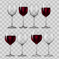 Empty and full transparency red wine glass. Vector.