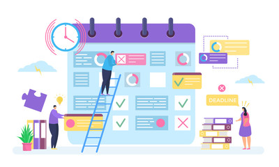 Business planning, deadline concept vector illustration. Cartoon tiny people work, employee characters make plan of business task in organizer planner or reminder. Timing strategy isolated on white