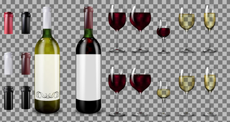 Red and white wine bottles and glasses. Realistic mockup - obrazy, fototapety, plakaty