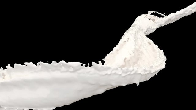 4K 60 fps slow motion 3D vortex milk flow with a splashes isolated on a black background with alpha matte
