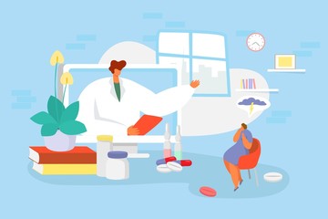 Doctor consultation online vector illustration. Cartoon physician character advising, consulting tiny sad woman patient, using video app computer doctoral service. Mobile distance healthcare medicine