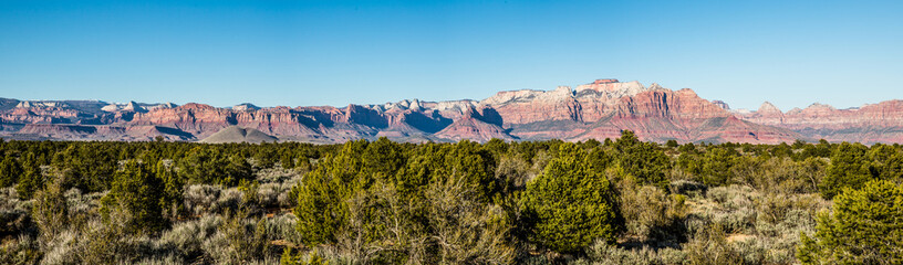 Panorama of Zion National Park skyline from Southern Utah desert