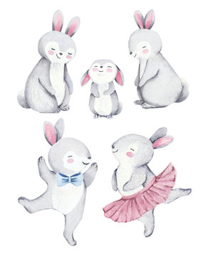 Hand painted watercolor illustration of cute rabbits family