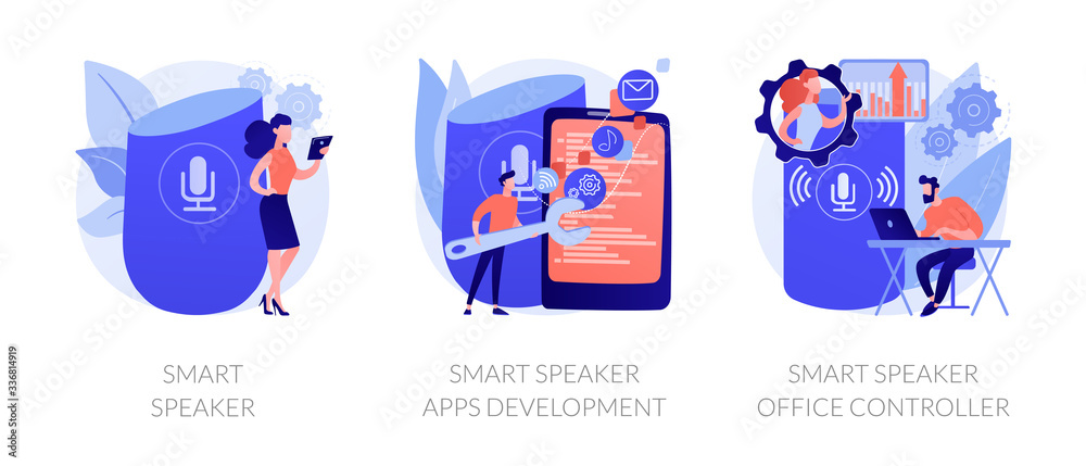 Poster voice command device icons set. wireless virtual assistant. smart speaker, smart speaker apps develo