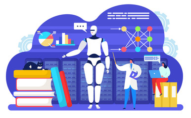 Artificial intelligent machine learning vector illustration. Cartoon flat tiny scientist character teaching digital robot brain intelligence. Auto education, learn technology concept isolated on white